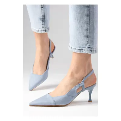 Mio Gusto Megan Blue Color Pointed Toe Open Back Chunky Heel Shoes