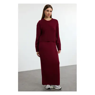 Trendyol Claret Red Knitted Cardigan Dress Bottom-Top Set