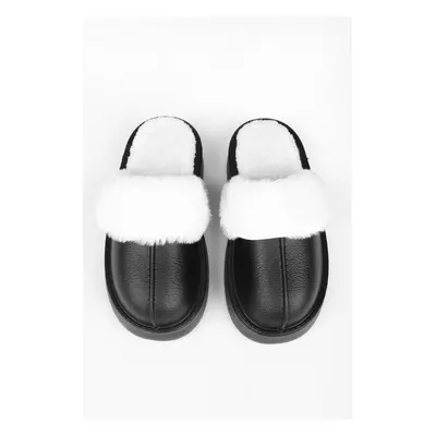 Shoeberry Women's Fluff Black Faux Leather Matte Fur Inside Flat Sole House Slippers