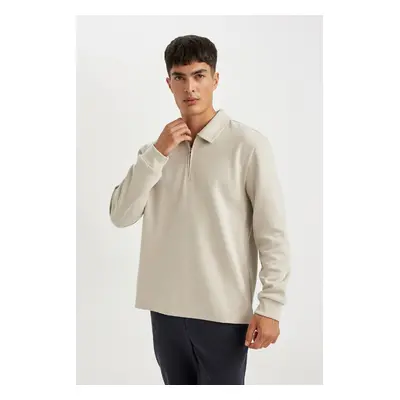 DEFACTO Regular Fit Polo Collar Half Zipper Basic Plain Sweatshirt