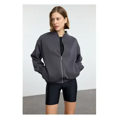 Trendyol Anthracite Zippered Oversize/Wide Pattern Thick Polar Fleece Knitted Sweatshirt