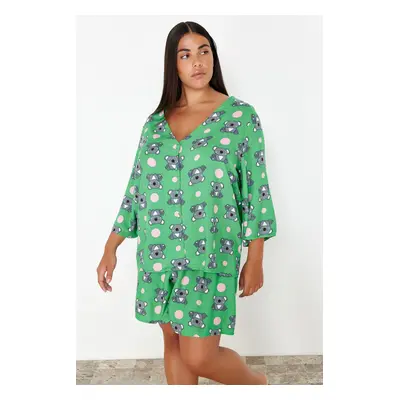 Trendyol Curve Mint V-Neck Koala Patterned Woven Pajama Set