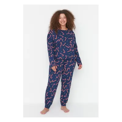 Trendyol Curve Navy Blue Christmas Themed Knitted Pajamas Set