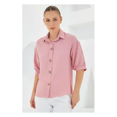 Bigdart Women's Pink Short Sleeve Oversize Linen Shirt