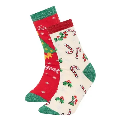 DEFACTO Girl's New Year's Themed 2-Piece Cotton Long Socks