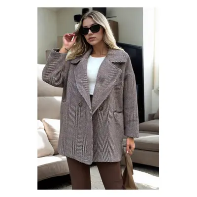 50406 Dewberry Herringbone Oversize Women Coat-BROWN