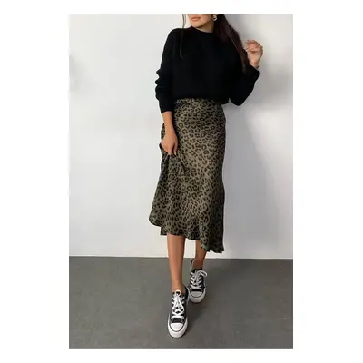 68223 Dewberry Leopard Pattern Satin Midi Length Skirt-BLACK-KHAKI