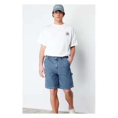 Trendyol Navy Wide-Fit Carpenter Denim Shorts