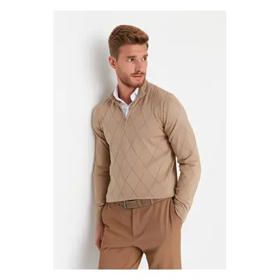 Trendyol Camel Slim Fit Cotton Half Turtleneck Zippered Collar Smart Knitwear Sweater