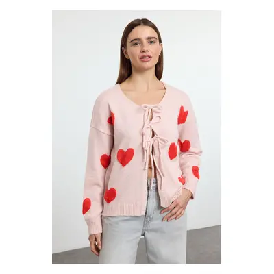 Trendyol Pink Heart Patterned Tie Detailed Knitwear Cardigan