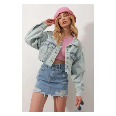 Trend Alaçatı Stili Dámské Modré Dvojitá Kapsa Laser Cut Crop Jean Jacket