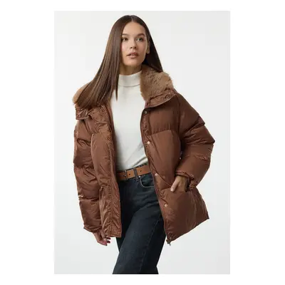 Trendyol Camel Regular Fit Für Collar Belted Puffer Jacket