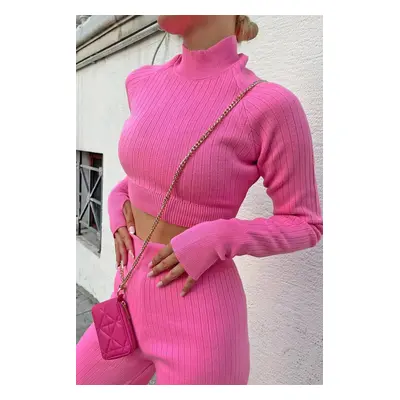 95346 Dewberry Fisherman Crop Knitwear Suit-PINK