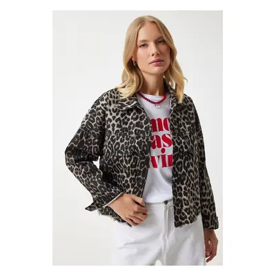 Happiness İstanbul Women's Dark Beige Black Leopard Pattern Denim Jacket