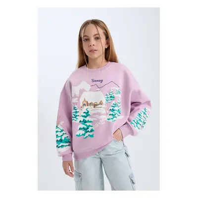 DEFACTO Girls Oversize Wide Fit Crew Neck Printed Sweatshirt