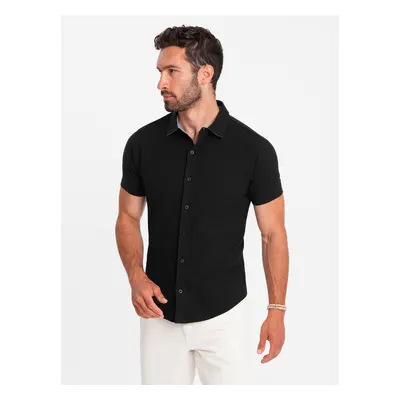 Ombre Men's knitted slim fit shirt with short sleeves and collar - black