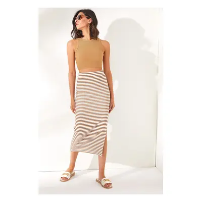 Olalook Women's Camel Slit Striped Lycra Midi Skirt