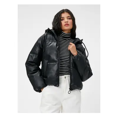 Koton Puffer Coat Leather Look Hooded