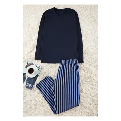 Trendyol Navy Blue Regular Fit 100% Cotton Striped Knitted Pajamas Set