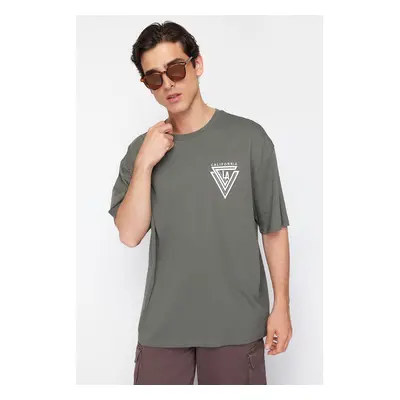 Trendyol Khaki Oversize/Wide Cut Crew Neck City Printed 100% Cotton T-Shirt