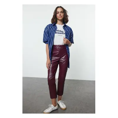 Trendyol Claret Red Faux Leather Cigarette Zippered Woven Trousers