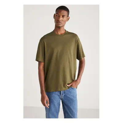 GRIMELANGE Curtis Men's Comfort Fit Thick Textured Recycle 100% Cotton Khaki T-shirt