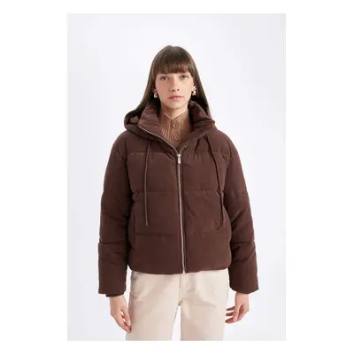 DEFACTO Dfc - Velvet Puffer Jacket with Hooded Zipper Pockets