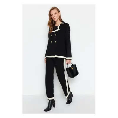 Trendyol Black Color Block Jacket-Trousers Knitwear Bottom-Top Set