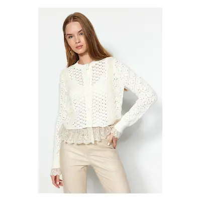 Trendyol Ecru Crop Lace Openwork/Perforated Knitwear Cardigan