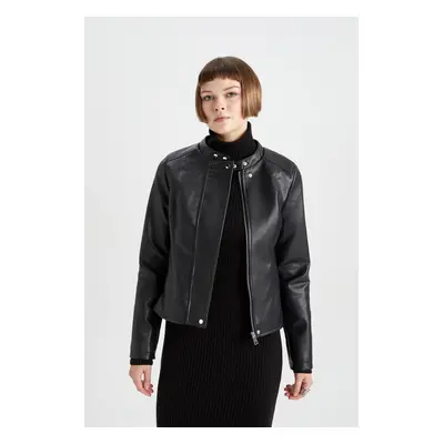 DEFACTO Water Repellent Zipper Faux Leather Biker Jacket