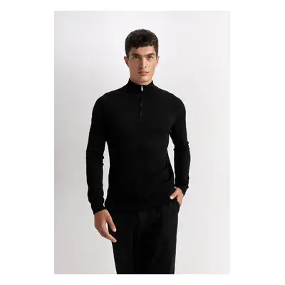 DEFACTO Blue Standard Fit Regular Cut Half Turtleneck Half Zipper Knitwear Sweater