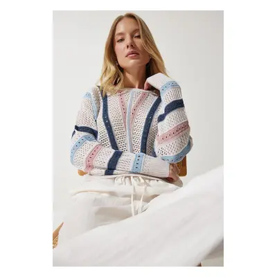 Happiness İstanbul Women's Cream Stripe Detailed Openwork Seasonal Knitwear Sweater