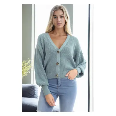 23325 Dewberry Button V-Neck Women Cardigan-NEFTİ