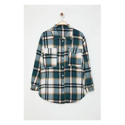 Trendyol Curve Blue Plaid Long Sleeve Winter Woven Plus Size Shirt