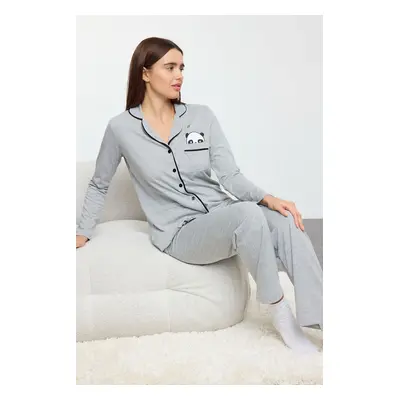 Trendyol Grey Melange Cotton Panda Printed Knitted Pajama Set