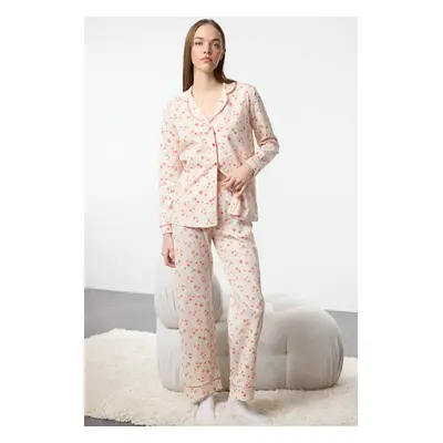 Trendyol Ecru 100% Cotton Floral Knitted Pajama Set