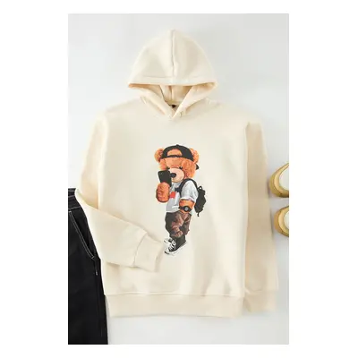 Trendyol Ecru Unisex Oversize Teddy Bear Printed Inside Polar Fleece/Warm Hooded Sweatshirt