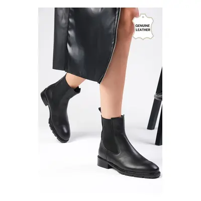 Mio Gusto Arlo Genuine Leather Oval Toe Black Color Women's Elastic Flat Boots