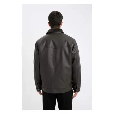 DEFACTO Regular Fit Shirt Collar Snap Faux Leather Coat