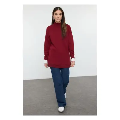 Trendyol Claret Red Stand Collar Slit Detailed Polar Fleece Oversize Knitted Sweatshirt