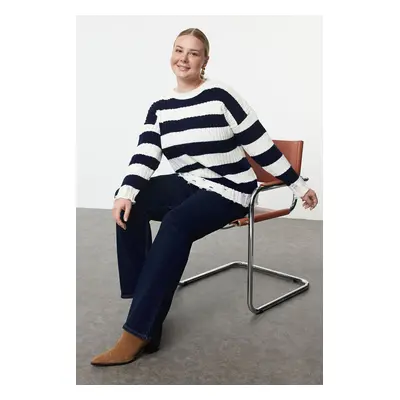 Trendyol Curve Ecru Navy Blue Striped Destroy Detailed Knitwear Sweater