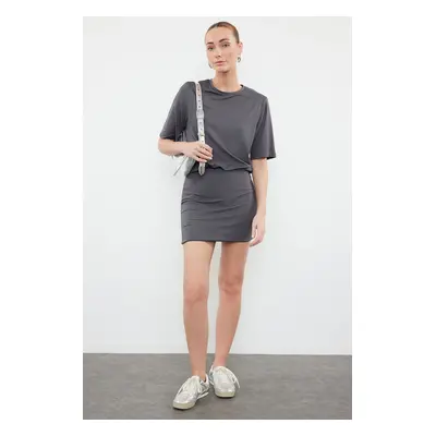 Trendyol Anthracite Plain Elastic Mini Soft Fabric Fitted/Fits Body Short Sleeve Flexible Knit D