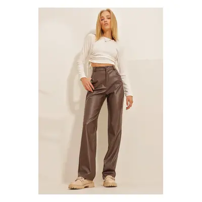 Trend Alaçatı Stili Women's Brown Knee-stitched Faux Leather Palazzo Pants with Pocket