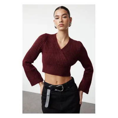 Trendyol Claret Red Crop Soft Textured Double Breasted Knitwear Sweater