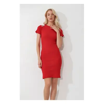 Trend Alaçatı Stili Women's Red Crew Neck Button Detailed Camisole Dress