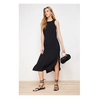 Trendyol Black Straight Cut Sleeveless Midi Seersucker Woven Dress