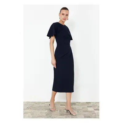 Trendyol Navy Blue Straight Cut Gathered Midi Woven Dress