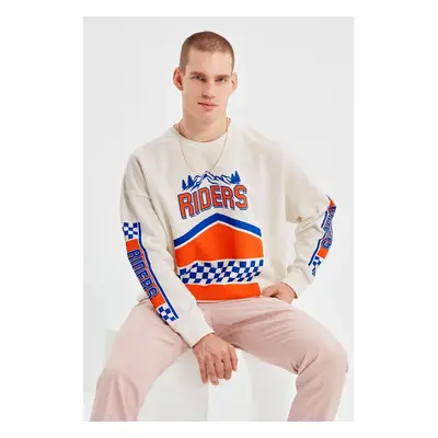 Trendyol Ecru Oversize/Wide Cut Long Sleeve Printed Sweatshirt