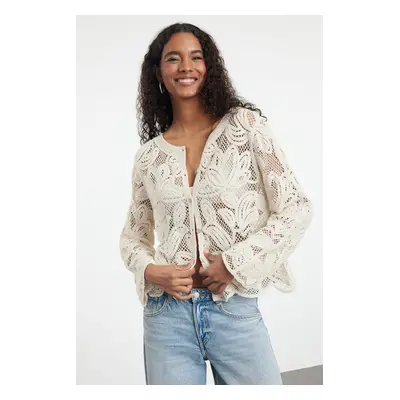 Trendyol Ecru 100% Cotton Crochet Detailed Floral Knitted Cardigan