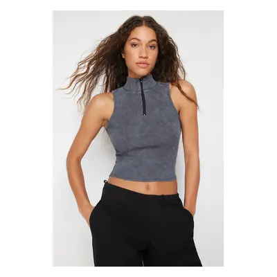 Trendyol Anthracite Weathered/Faded Effect Fitted Zippered Ribbed Cotton Stretch Knitted Blouse